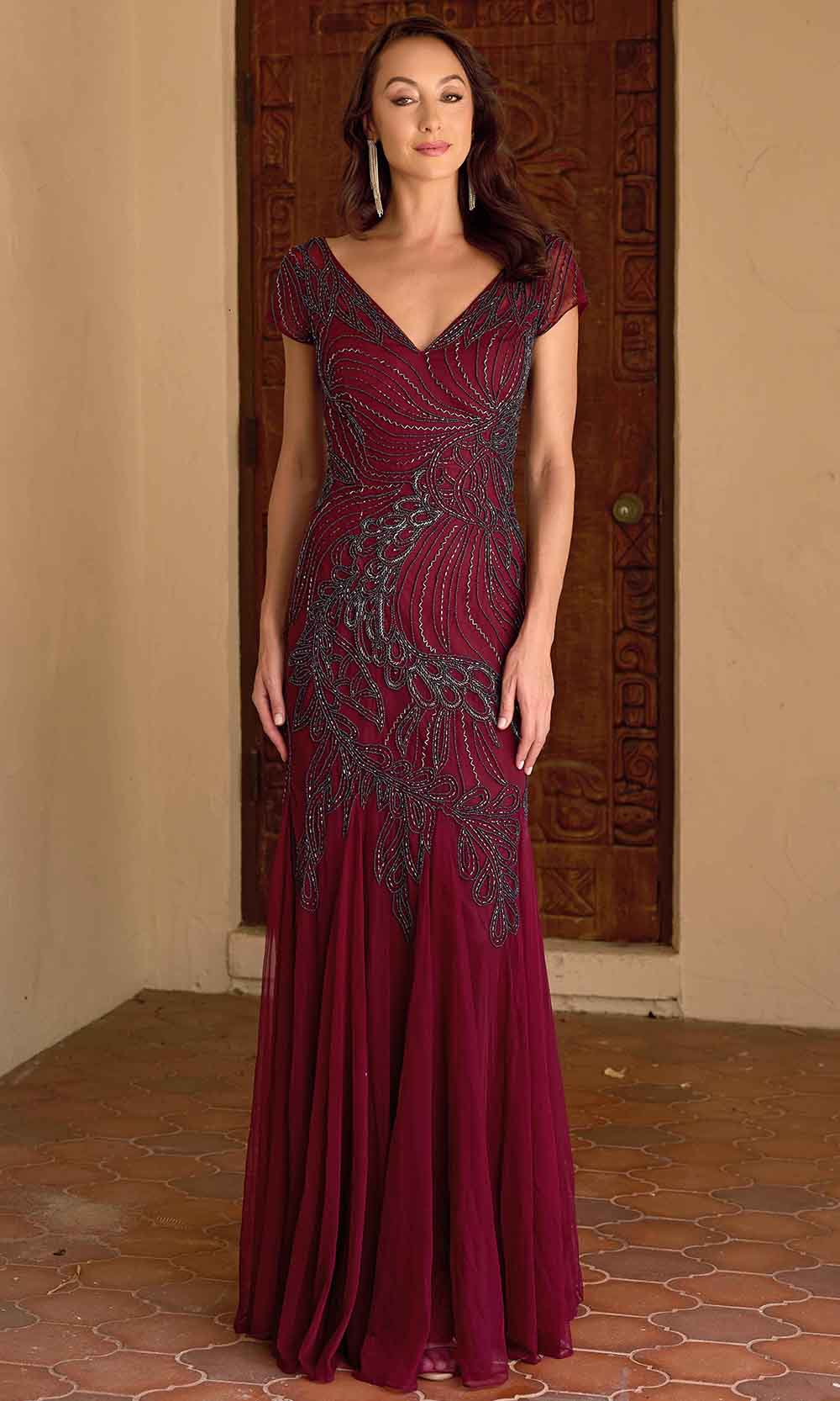 Primavera Couture 13148 - V-Neck Beaded Short Sleeve Evening Gown - back view