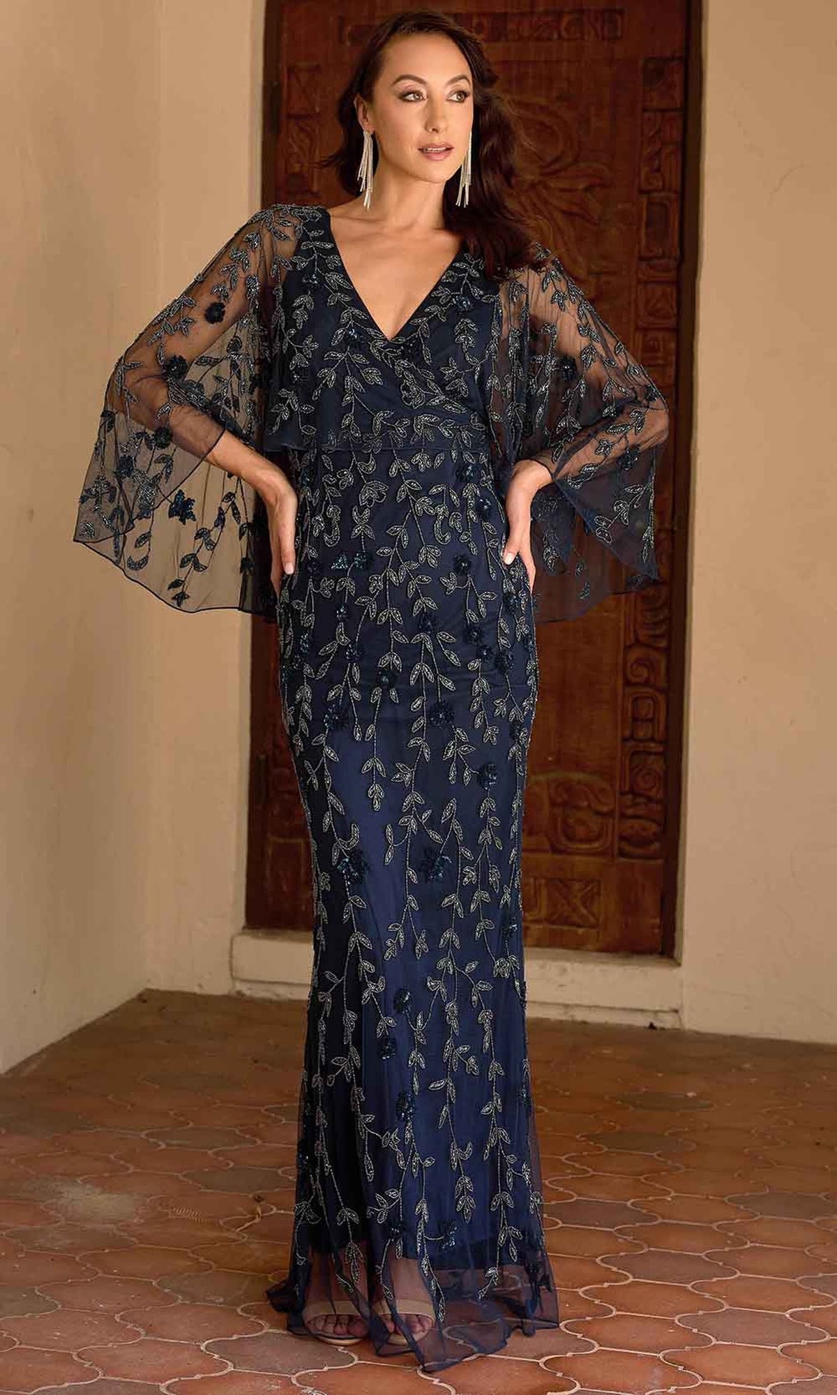 Primavera Couture 13149 - Sheer Capelet Beaded Foliage Evening Dress