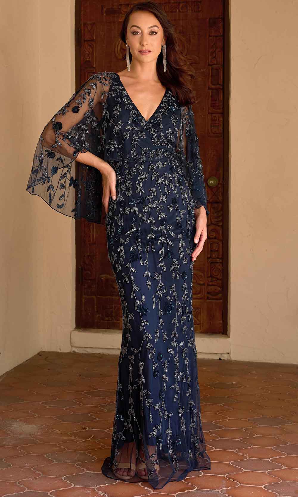 Primavera Couture 13149 - Sheer Capelet Beaded Foliage Evening Dress - detail view