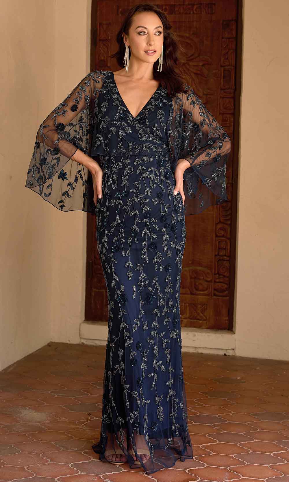 Primavera Couture 13149 - Sheer Capelet Beaded Foliage Evening Dress - view 4