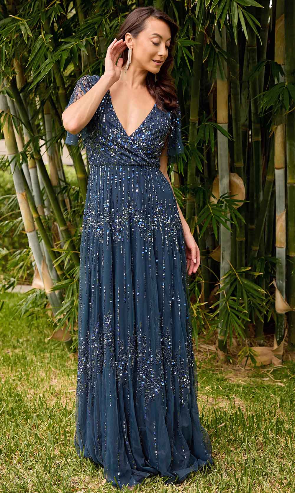 Primavera Couture 13153 - V-Neck Sequin Embellished Evening Gown - detail view
