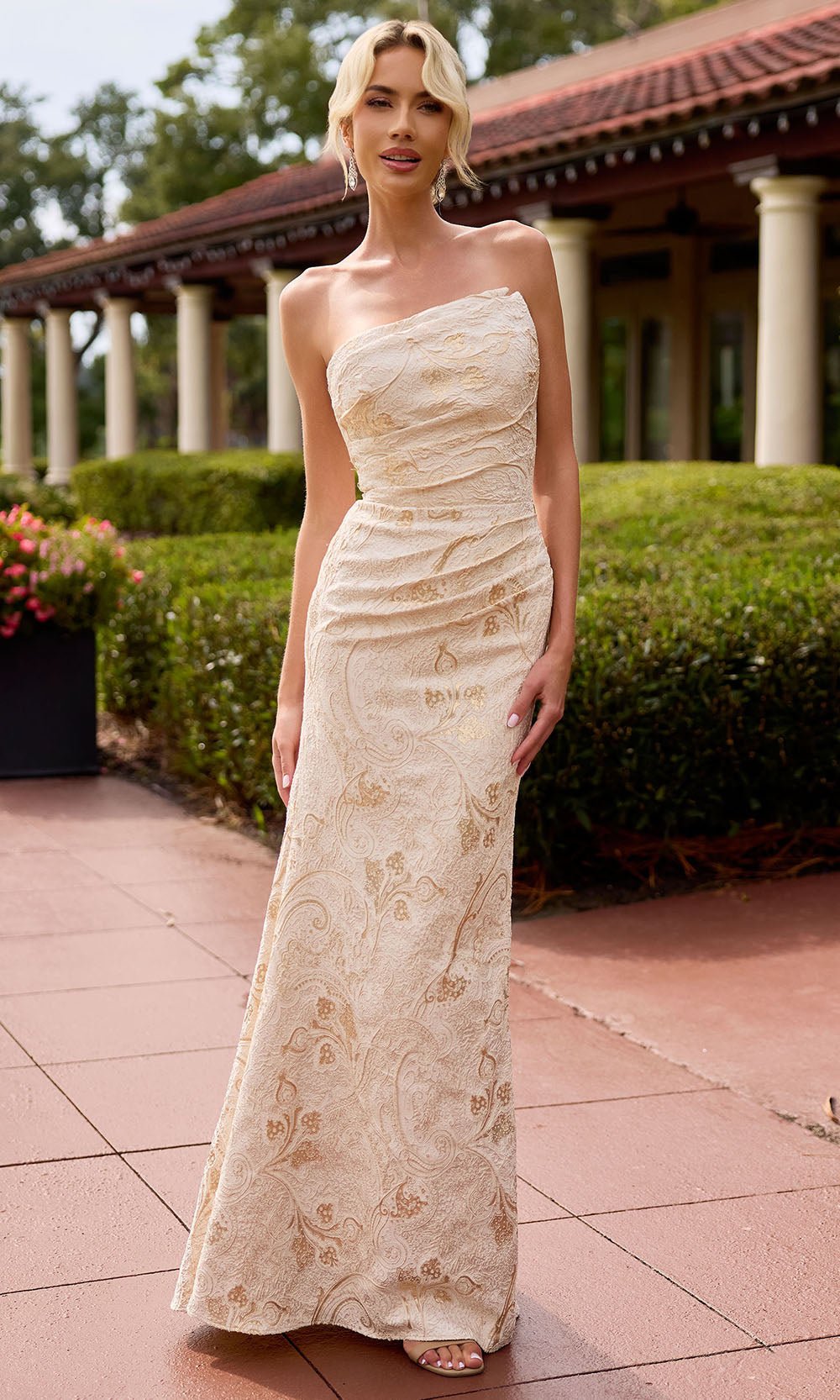 Primavera Couture 13163 - Asymmetric Neck Textured Formal Dress - Silhouette Dresses
