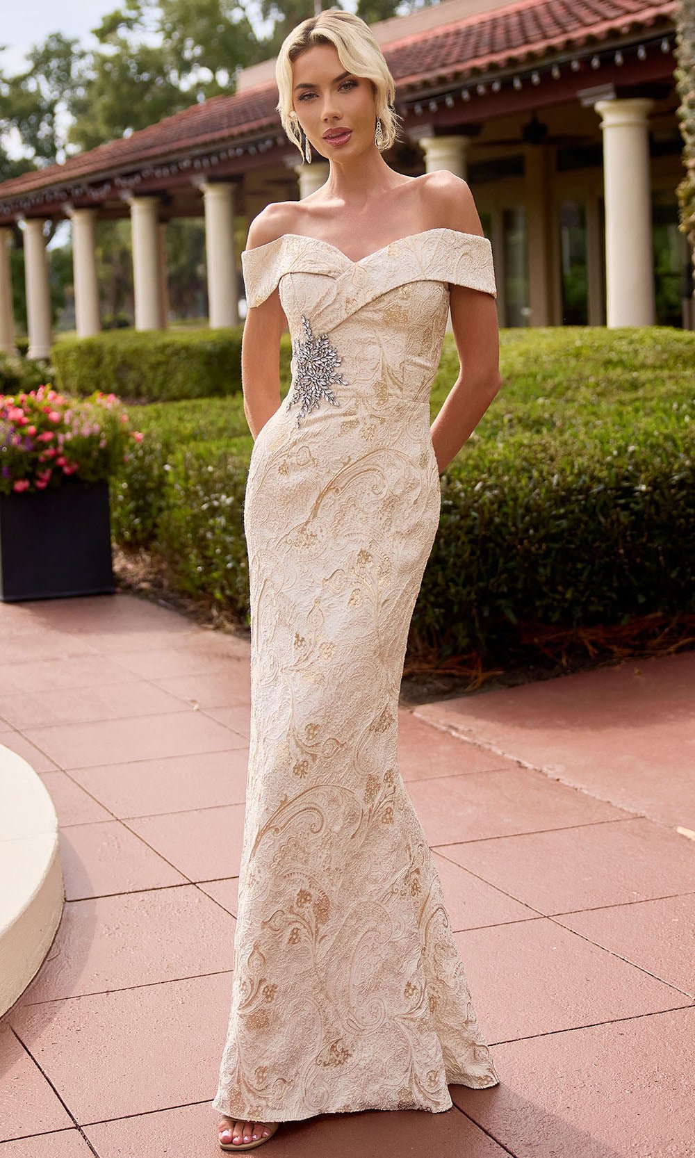 Primavera Couture 13174 - Off Shoulder Textured Long Formal Dress - Silhouette Dresses