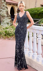 Primavera Couture 13176 - V-Neck Floral Beaded Fitted Dress