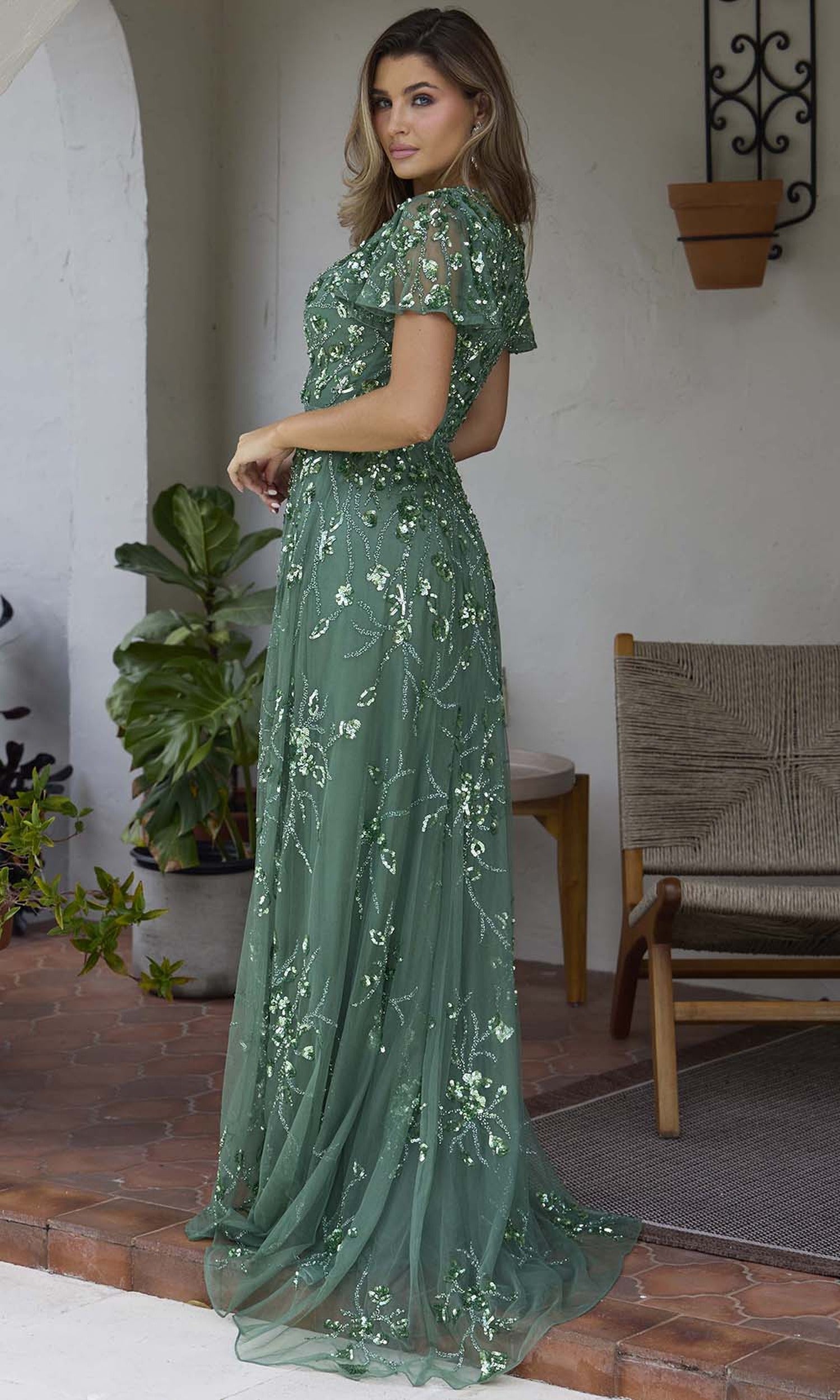 Primavera Couture 13185 - Flutter Sleeve Surplice V-Neck Formal Dress