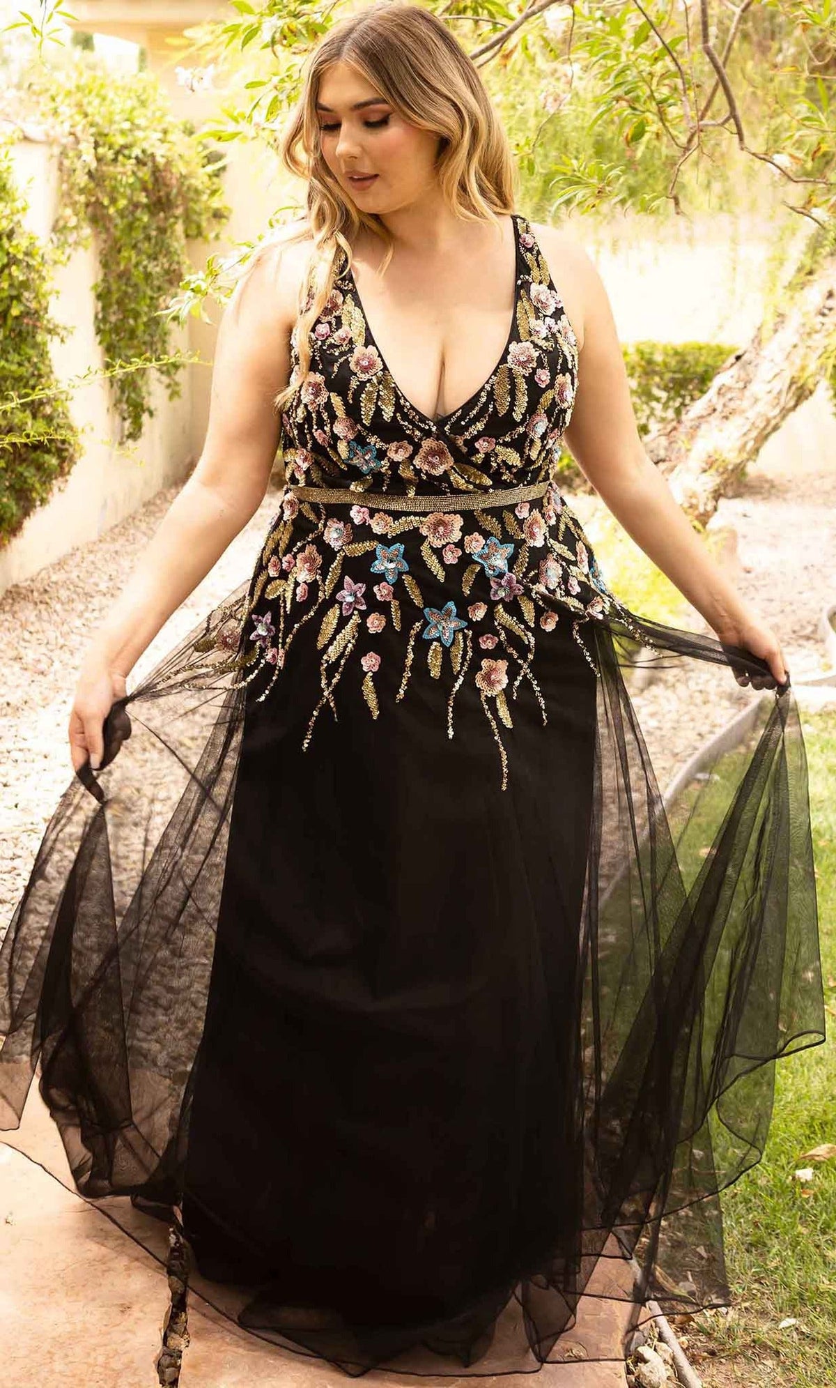 Primavera Couture 14006 - Floral Appliqued Tulle A-line Gown