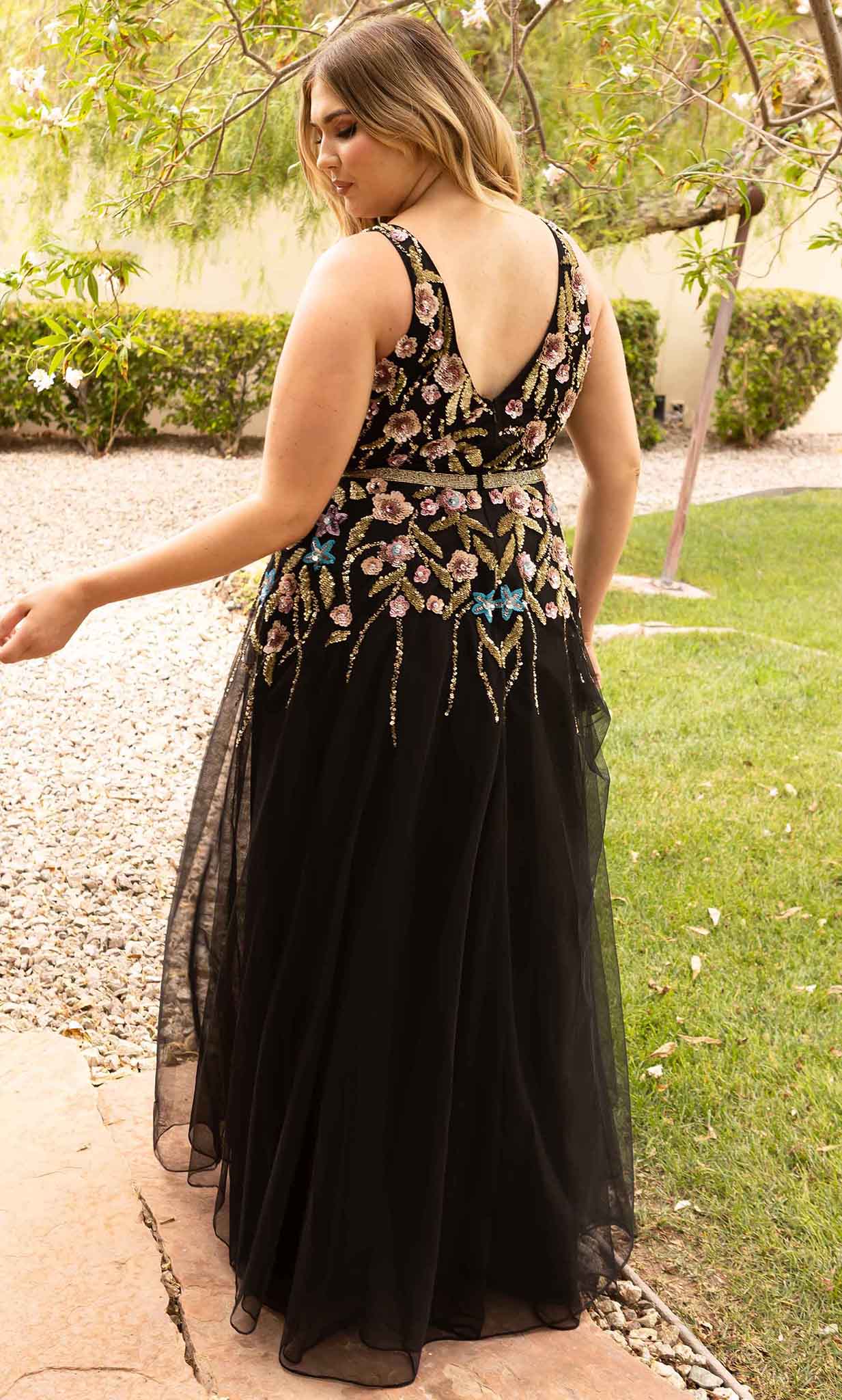 Primavera Couture 14006 - Floral Appliqued Tulle A-line Gown - back view