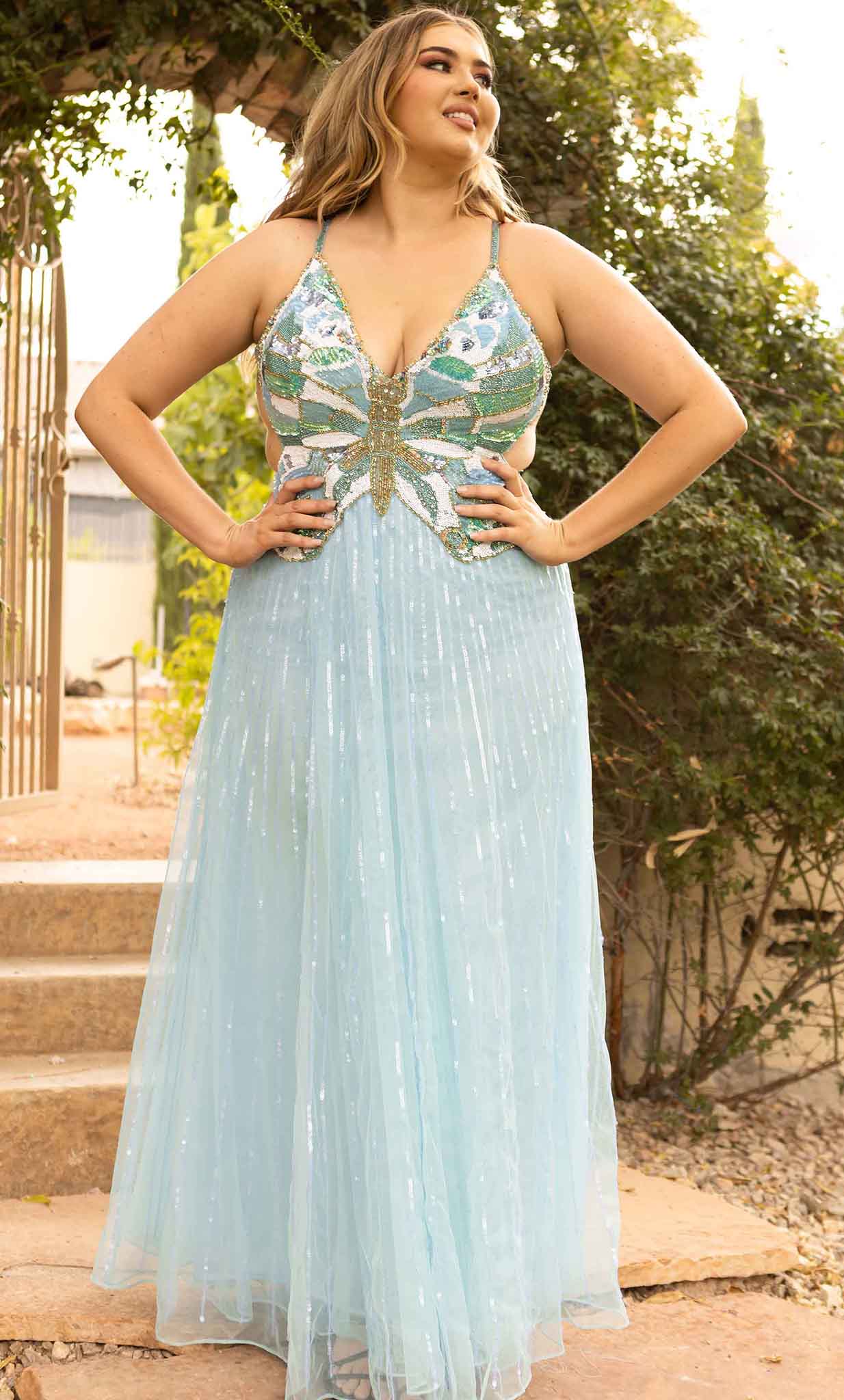 Primavera Couture 14011 - Butterfly Top Sequined Flowy Dress - view 5