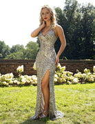 Primavera Couture - 3295 Sequined Scroll Motif High Slit Gown - view 4
