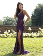 Primavera Couture - 3295 Sequined Scroll Motif High Slit Gown - view 7