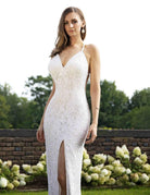 Primavera Couture - 3295 Sequined Scroll Motif High Slit Gown - detail view