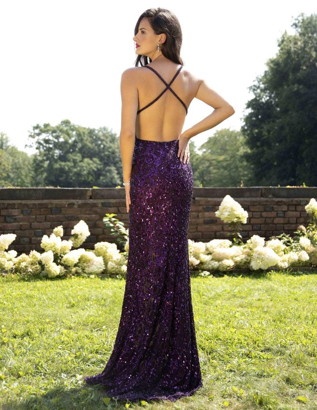 Primavera Couture - 3295 Sequined Scroll Motif High Slit Gown - view 8