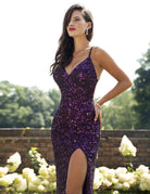 Primavera Couture - 3295 Sequined Scroll Motif High Slit Gown - view 9