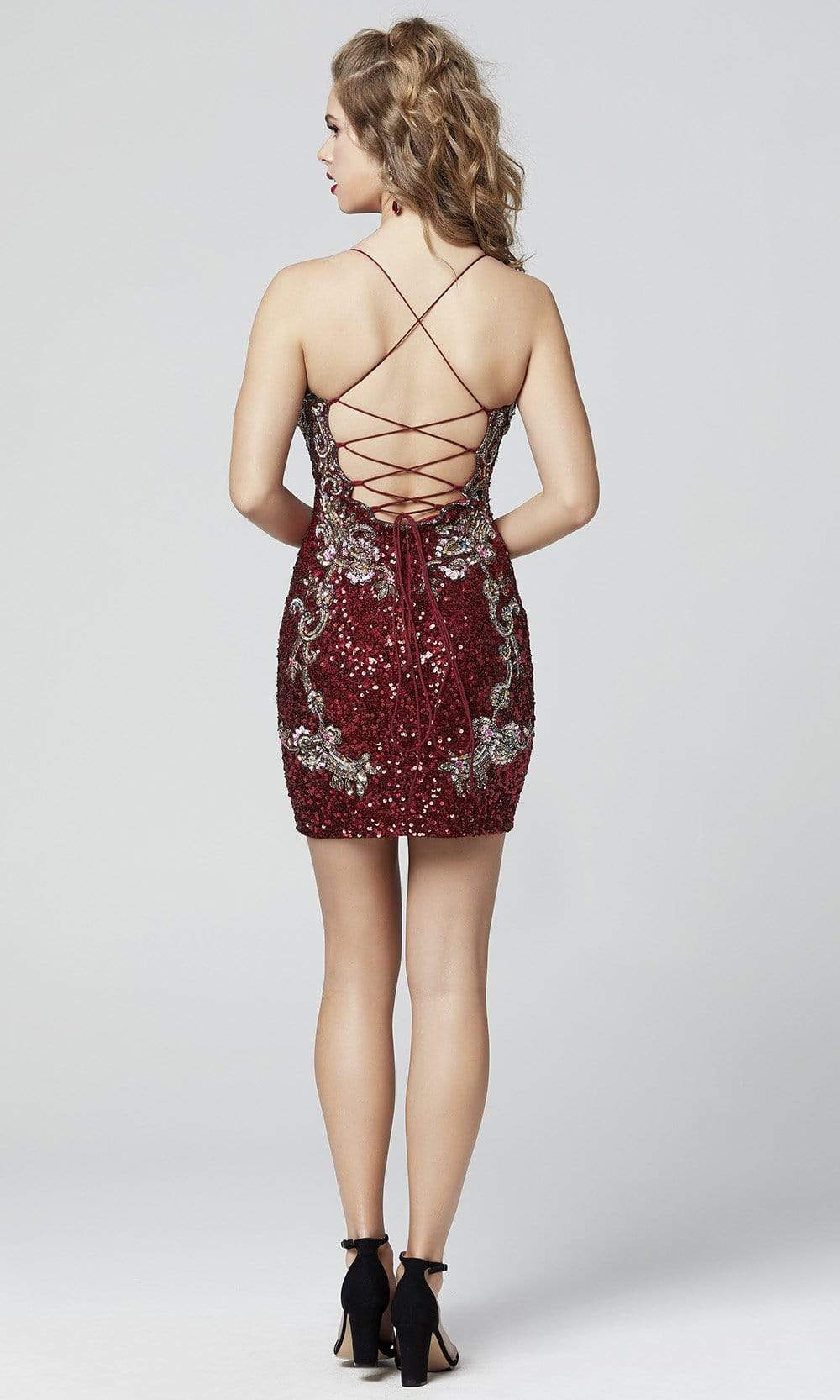 Primavera Couture - 3301 Plunging Lace Up Back Sequined Dress - view 4