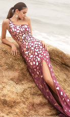 Primavera Couture - 3623 One Shoulder High Slit Cut Glass Sheath Dress - view 8