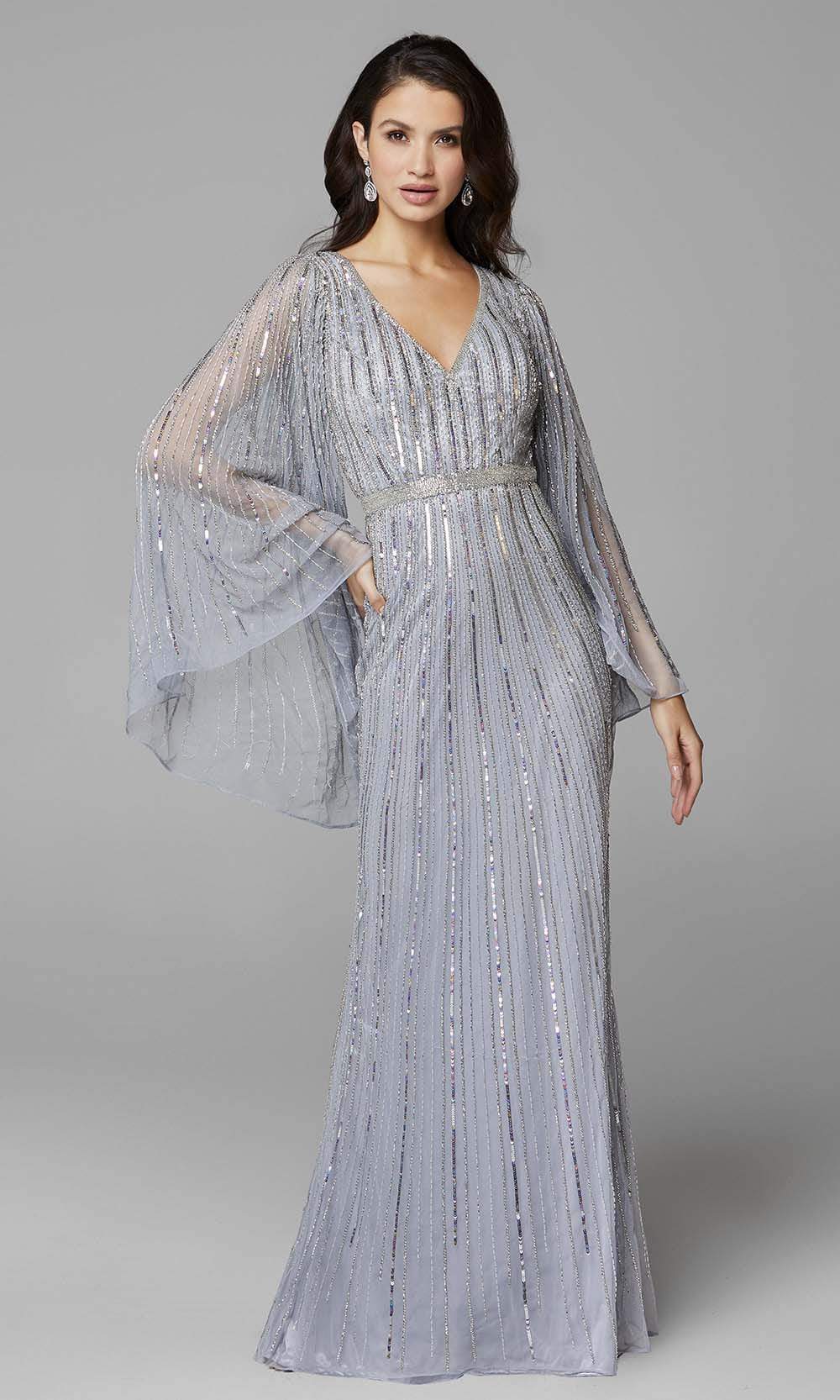 Primavera Couture - 3672 Sequined Long Bell Sleeve Sheath Dress - view 4