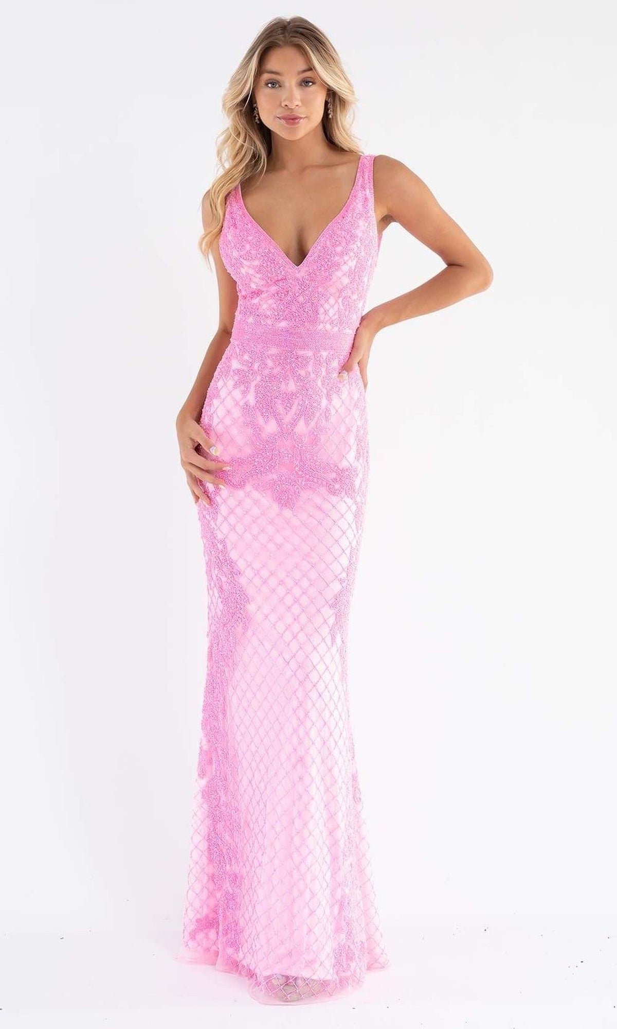 Primavera Couture - 3741 V-Neck Beaded Lace Long Gown