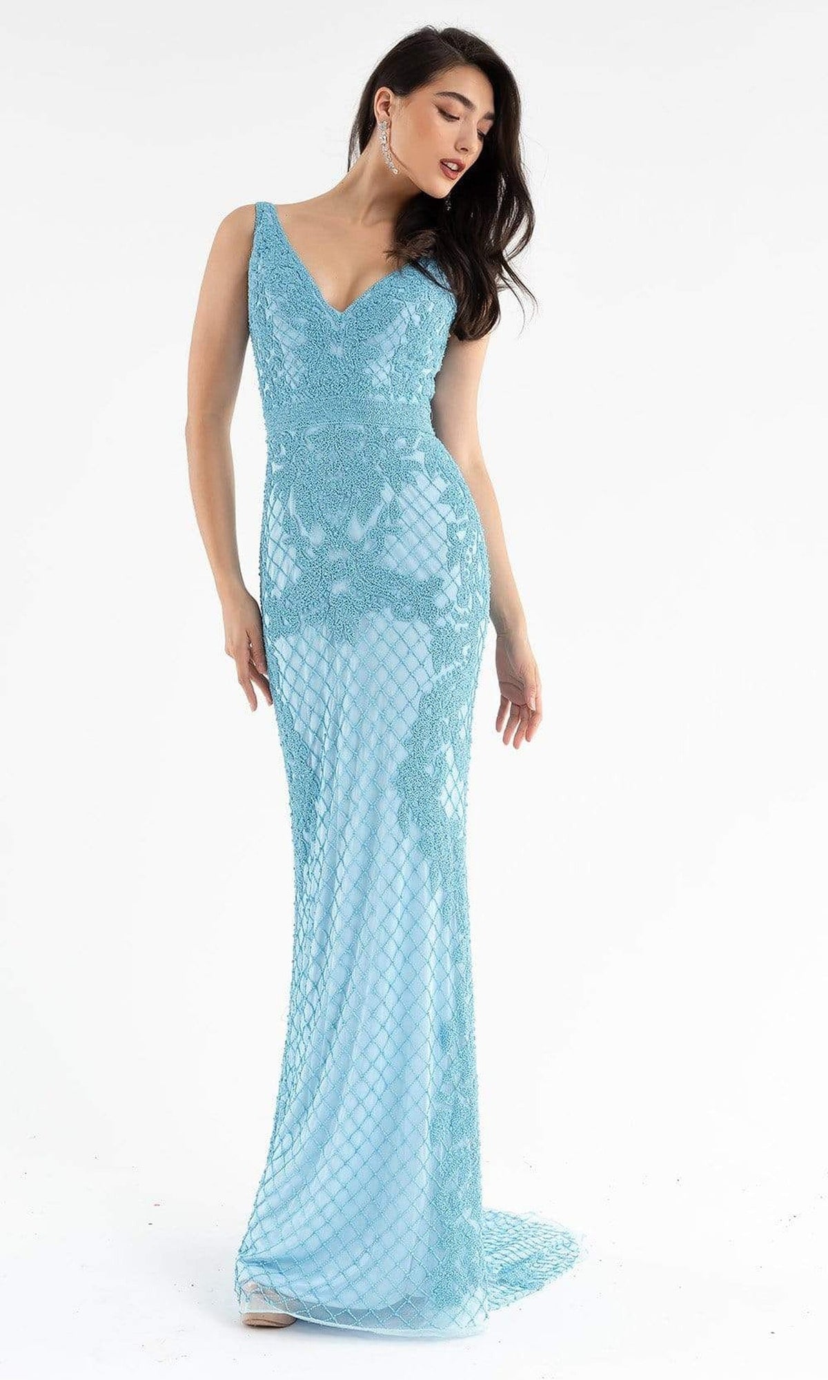 Primavera Couture - 3741 V-Neck Beaded Lace Long Gown
