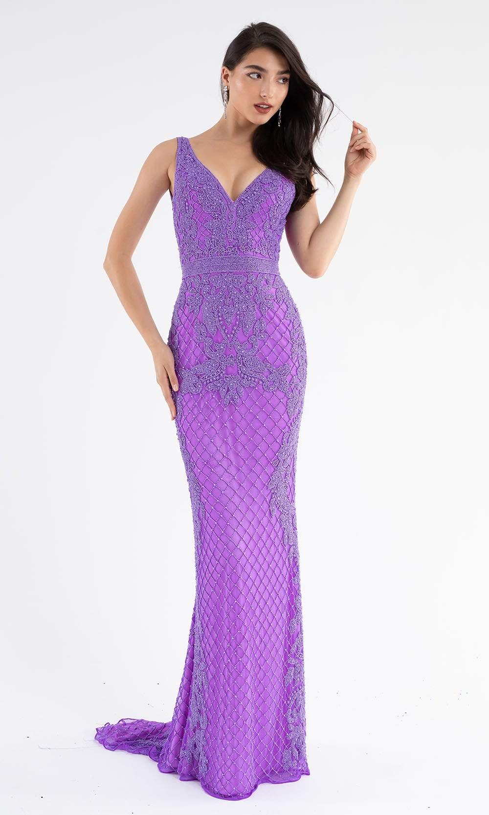 Primavera Couture - 3741 V-Neck Beaded Lace Long Gown - view 8