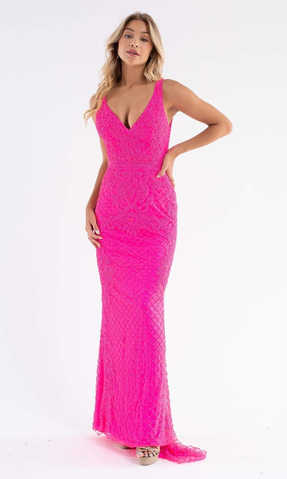 Primavera Couture - 3741 V-Neck Beaded Lace Long Gown - view 14
