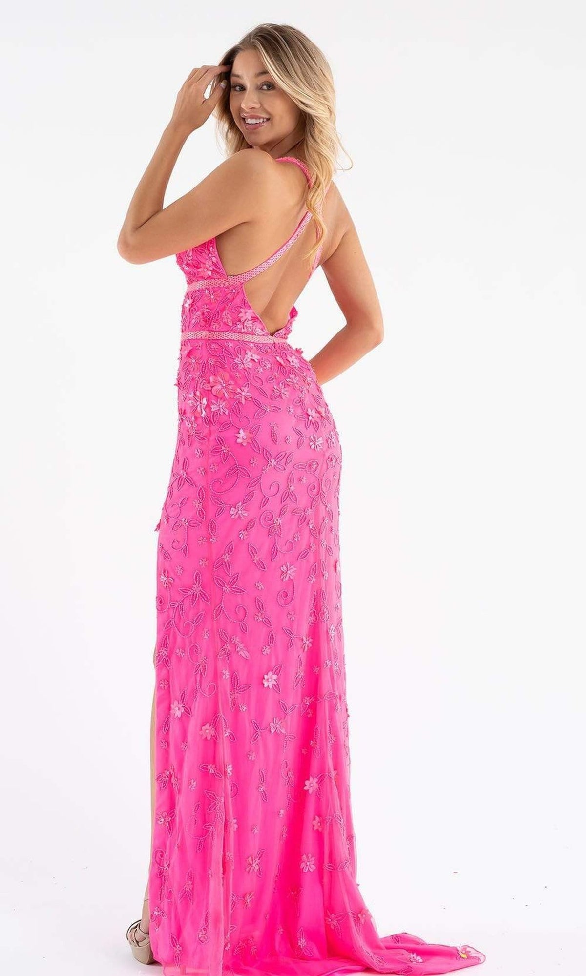 Primavera Couture - 3746 Vibrant Floral Beaded High Front Slit Gown