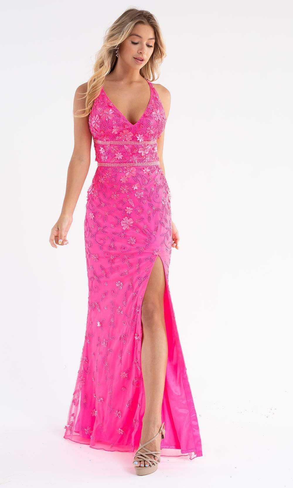 Primavera Couture - 3746 Vibrant Floral Beaded High Front Slit Gown - back view