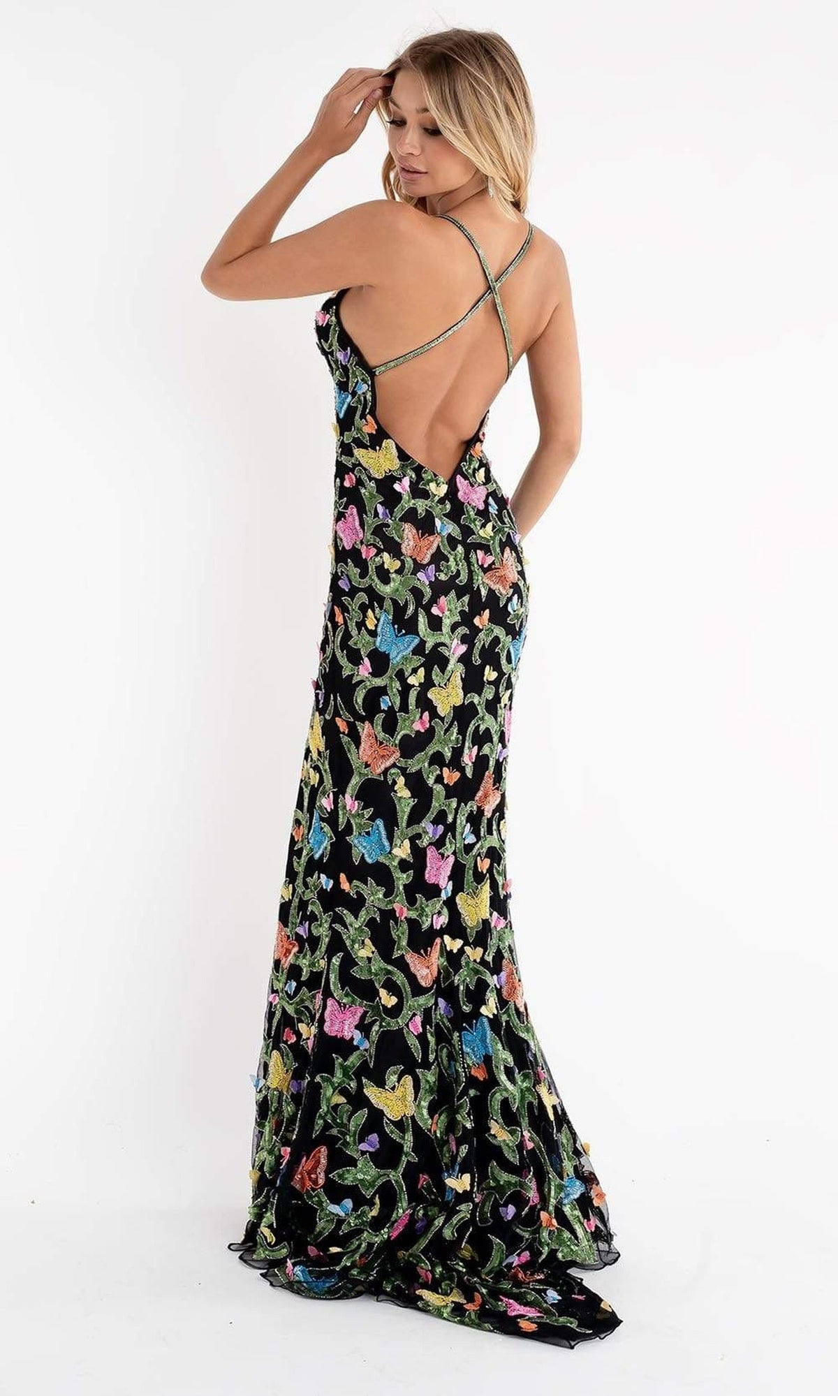 Primavera Couture - 3748 Colorful Butterfly Plunging V Neckline Long Gown
