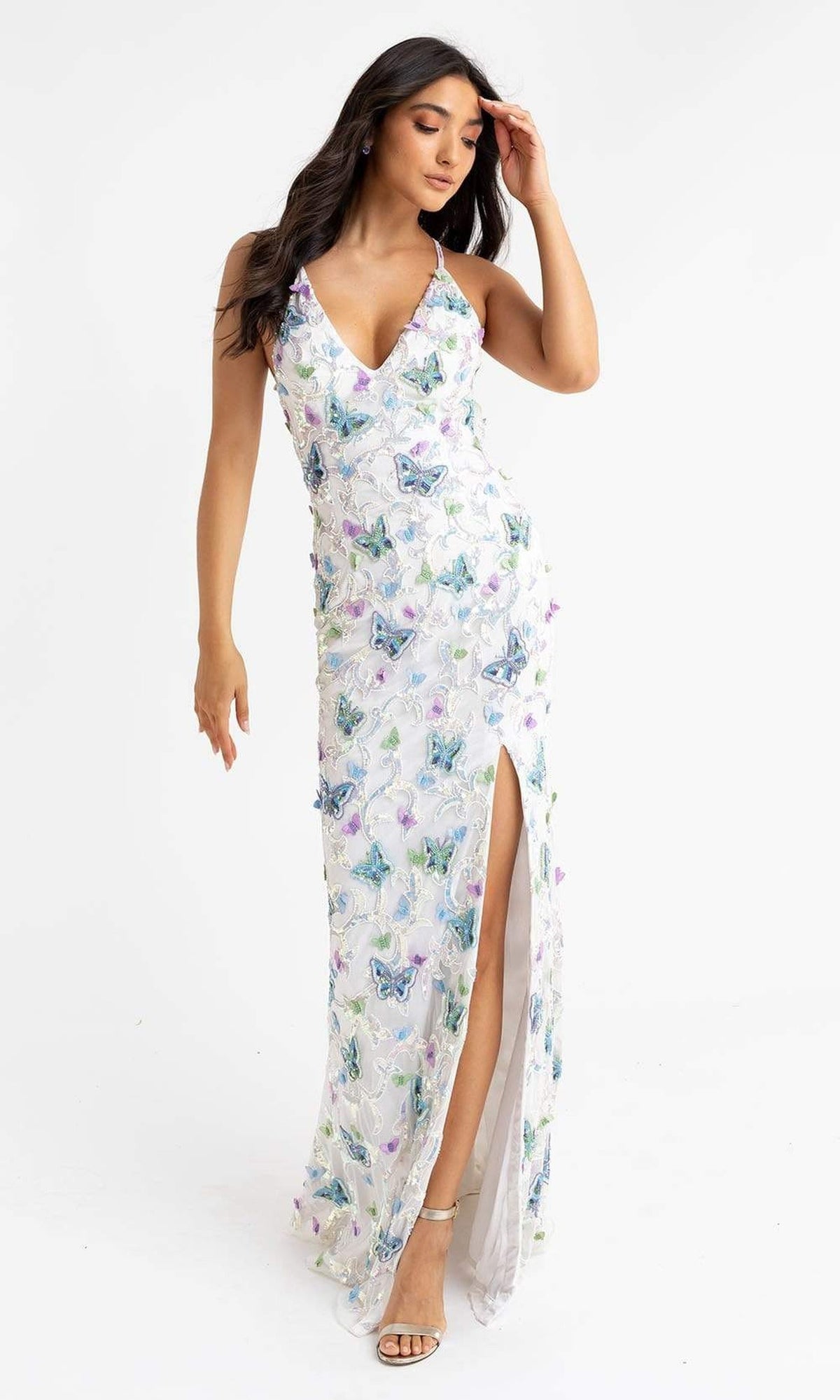 Primavera Couture - 3748 Colorful Butterfly Plunging V Neckline Long Gown