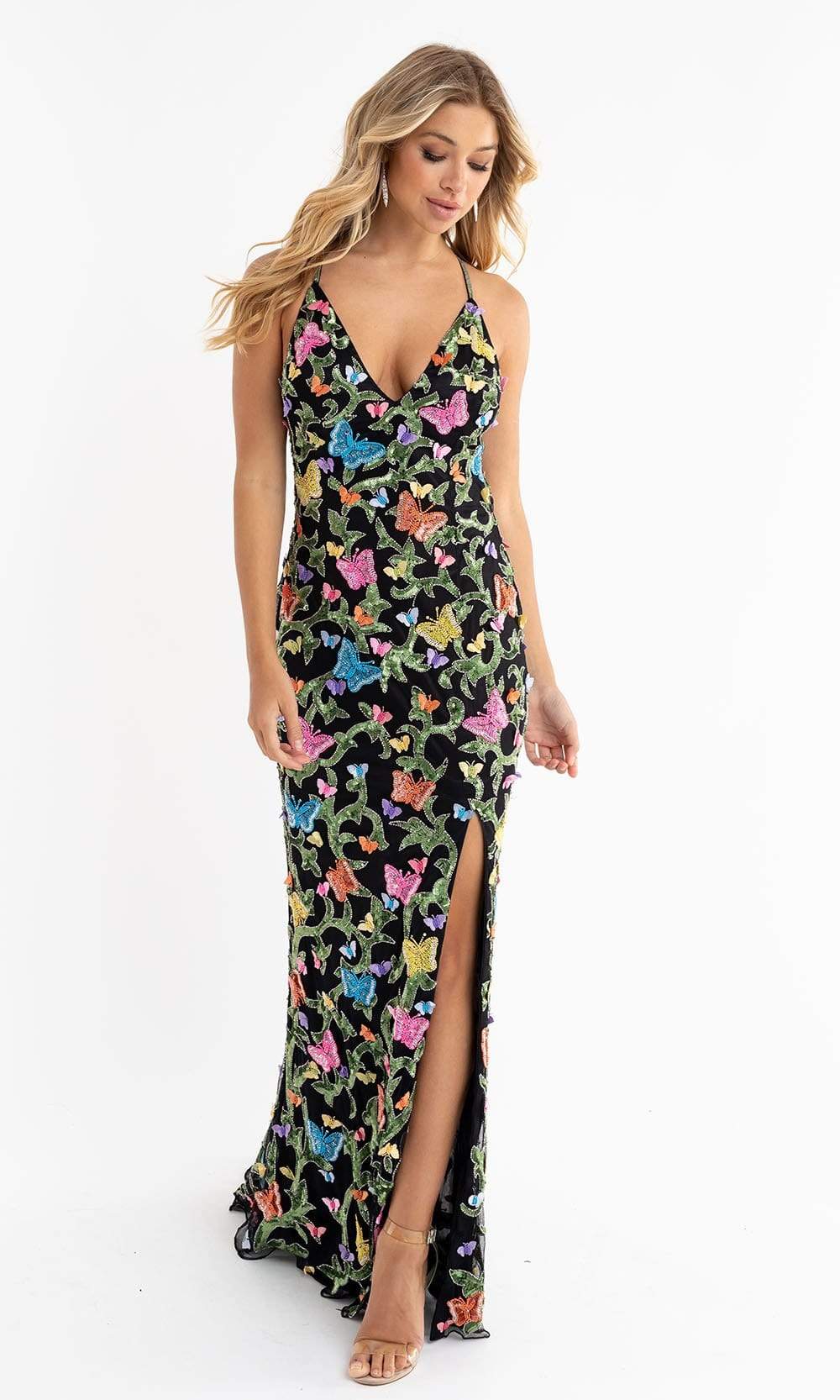 Primavera Couture - 3748 Colorful Butterfly Plunging V Neckline Long Gown - designer prom dress at Silhouette Dresses