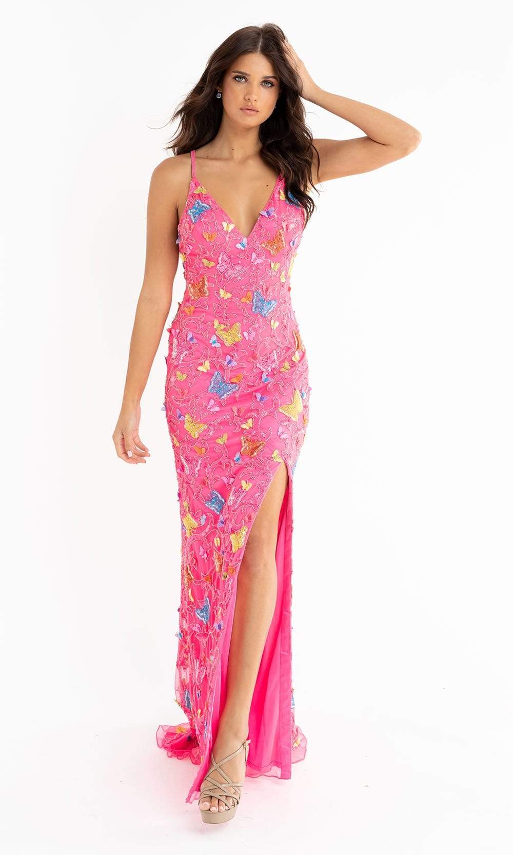 Primavera Couture - 3748 Colorful Butterfly Plunging V Neckline Long Gown - view 11
