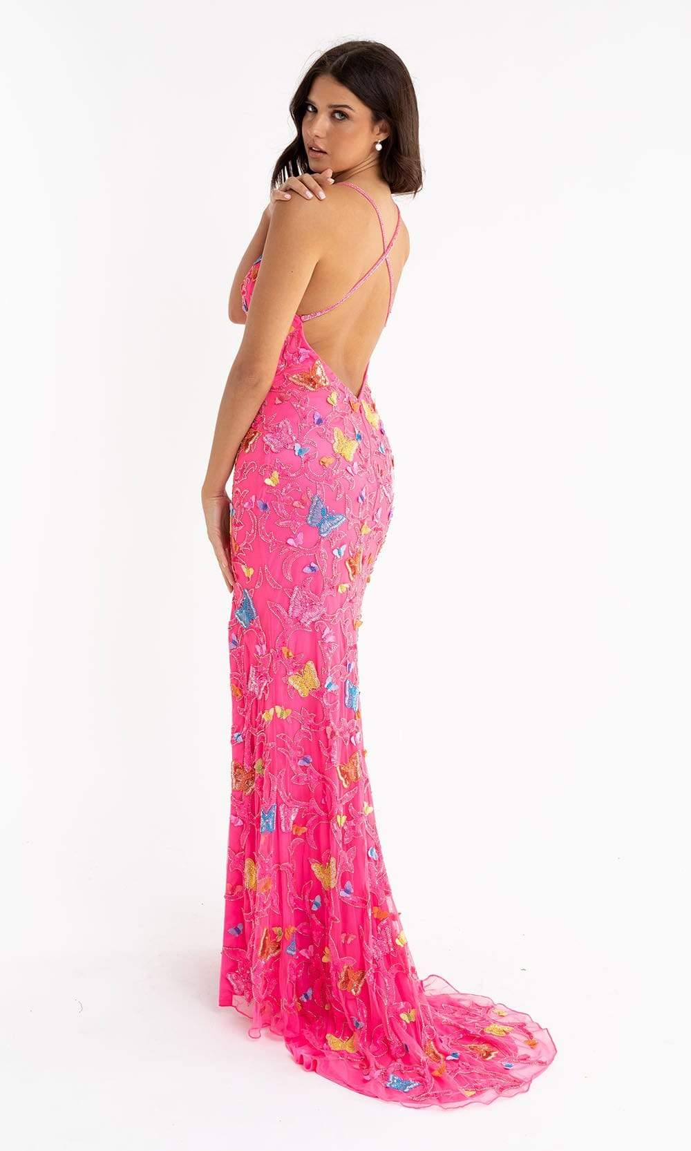 Primavera Couture - 3748 Colorful Butterfly Plunging V Neckline Long Gown - view 13