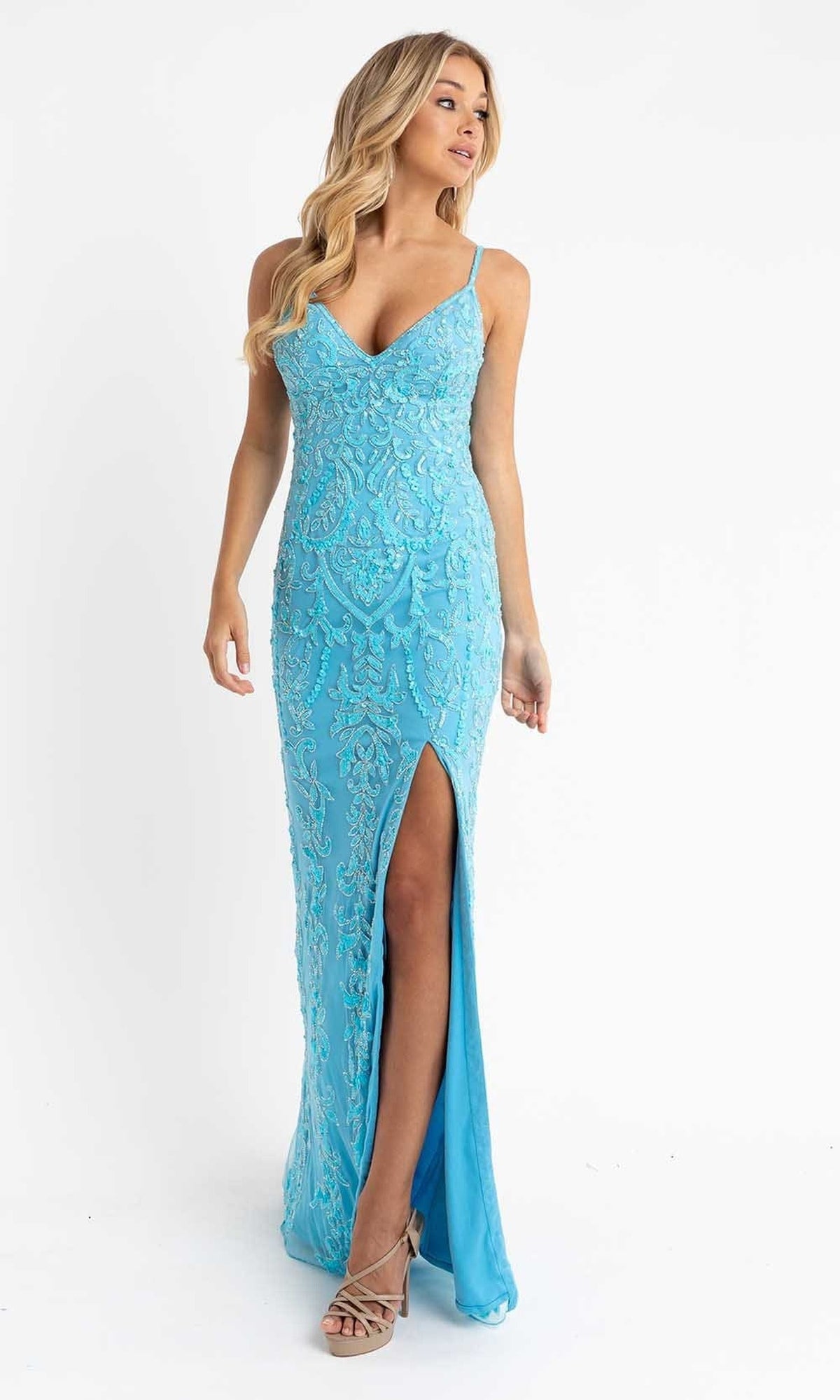 Primavera Couture - 3749 Sequin V-Neck Open Back Gown