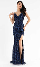 Primavera Couture - 3749 Sequin V-Neck Open Back Gown - back view
