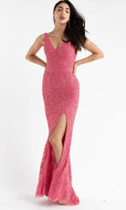 Primavera Couture - 3764 Bold Style Low V Neckline Dazzling Silhouette Evening Gown