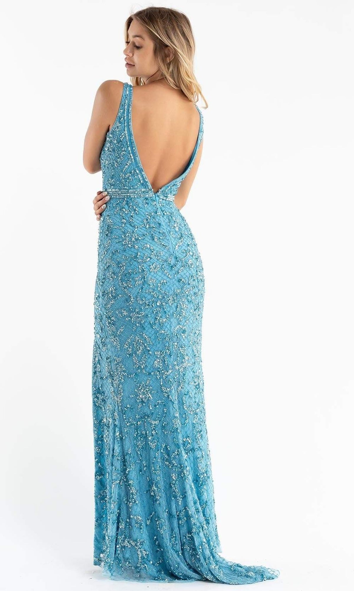 Primavera Couture - 3764 Bold Style Low V Neckline Dazzling Silhouette Evening Gown