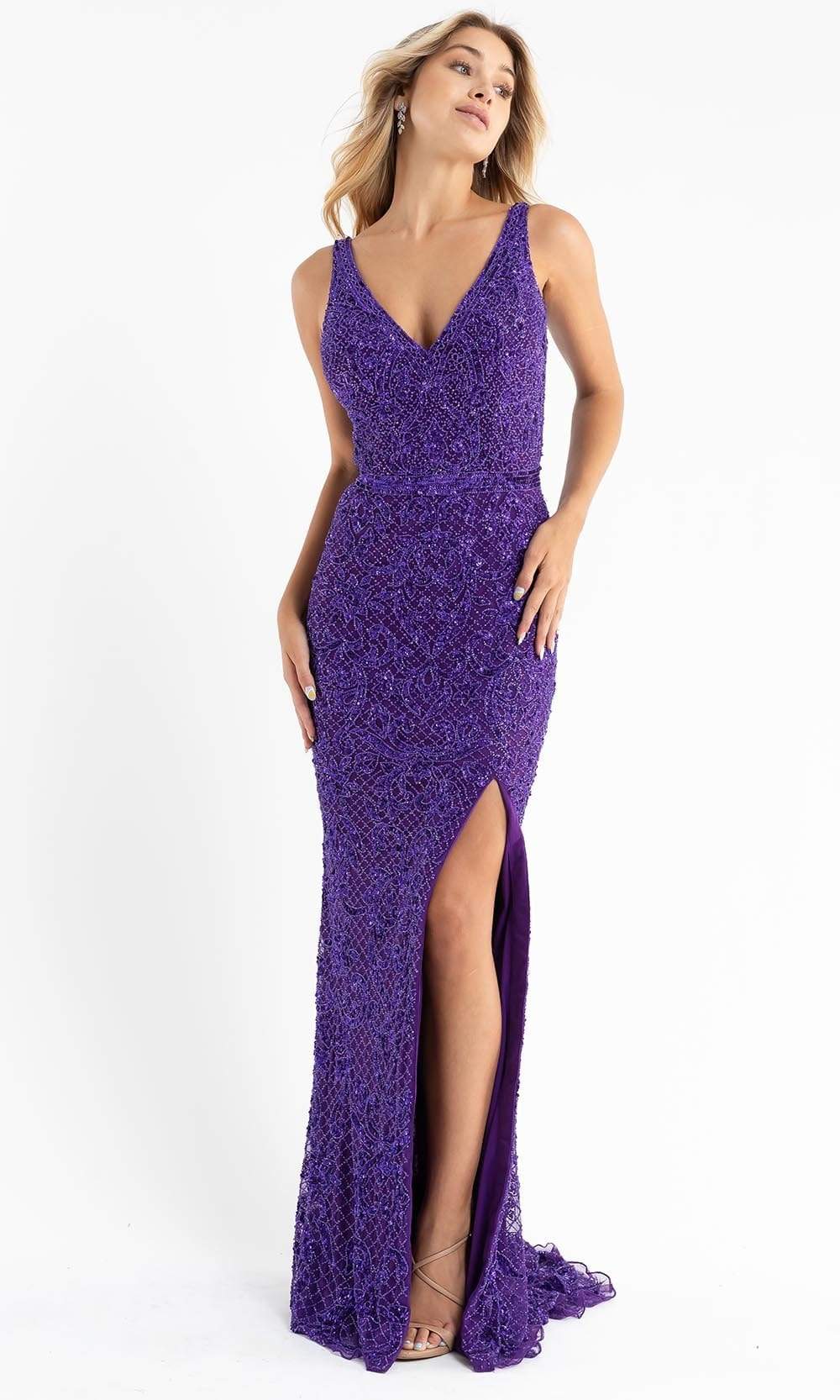 Primavera Couture - 3764 Bold Style Low V Neckline Dazzling Silhouette Evening Gown - view 8