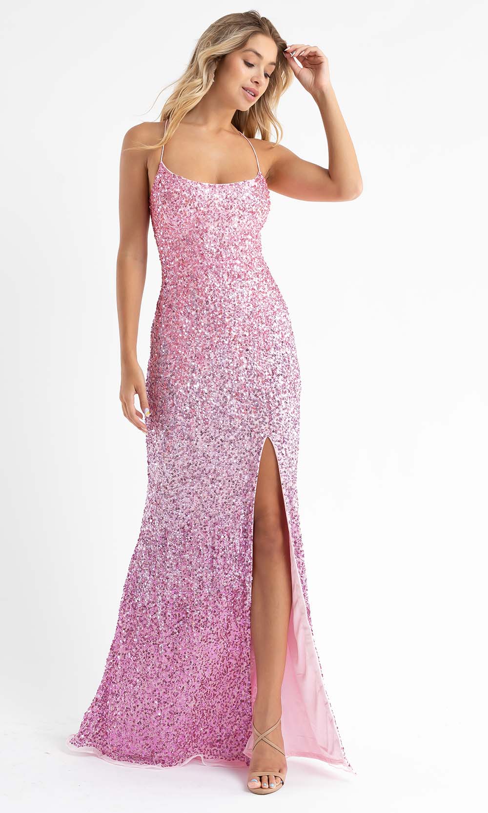 Primavera Couture - 3769 Fully Sequined Spaghetti Strap Lace Up Back Style Prom Dress - view 11