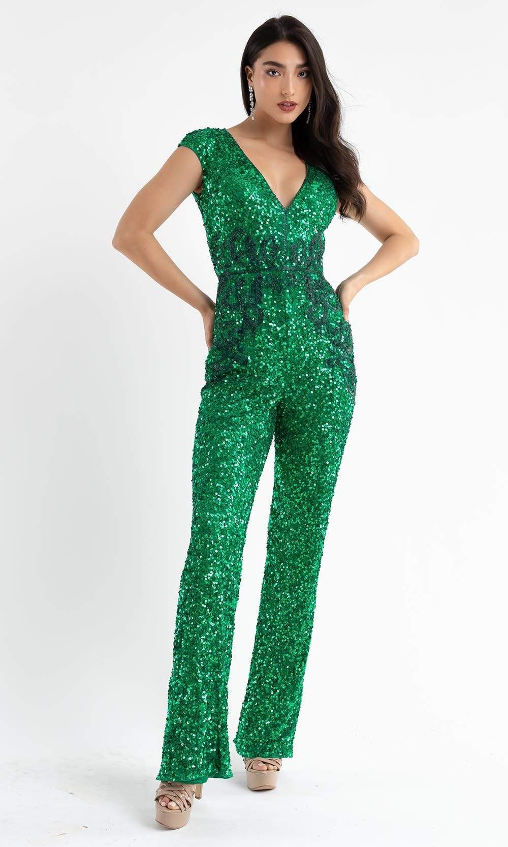 Primavera Couture - 3775 Cap Sleeve Sequin Jumpsuit - designer prom dress at Silhouette Dresses