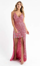 Primavera Couture - 3781 Floral Sequined Split Overlay Long Dress - view 5