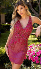 Primavera Couture 3807 - Bejeweled Appliqued V-Neck Cocktail Dress
