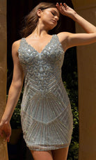 Primavera Couture 3829 - V-Neck Beaded Sheath Cocktail Dress