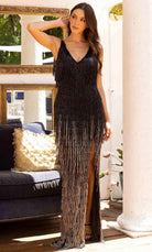 Primavera Couture 3919 - Beaded Fringed V-Neck Prom Dress