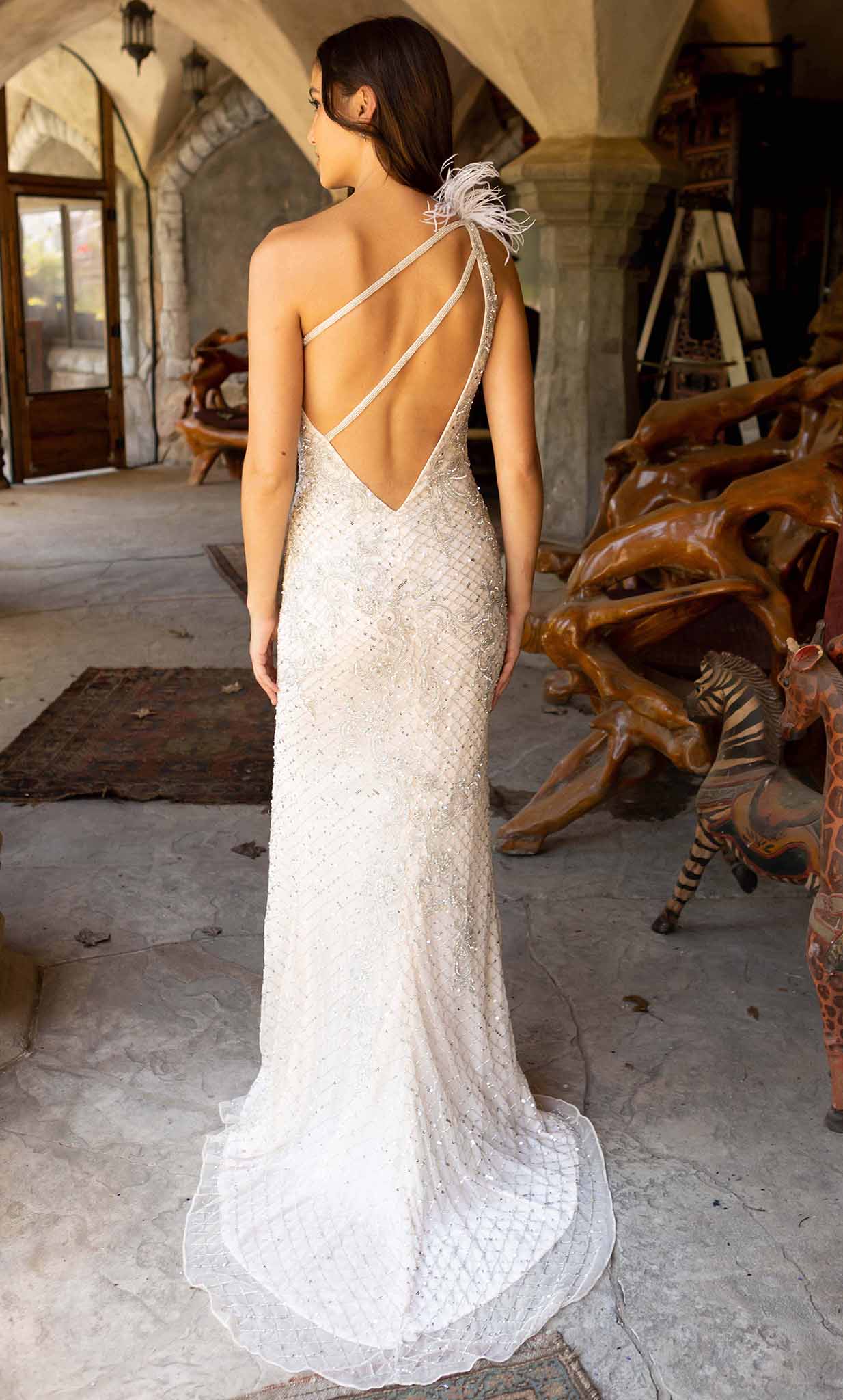 Primavera Couture 3921 - Feathered One Sleeve Evening Dress - view 4