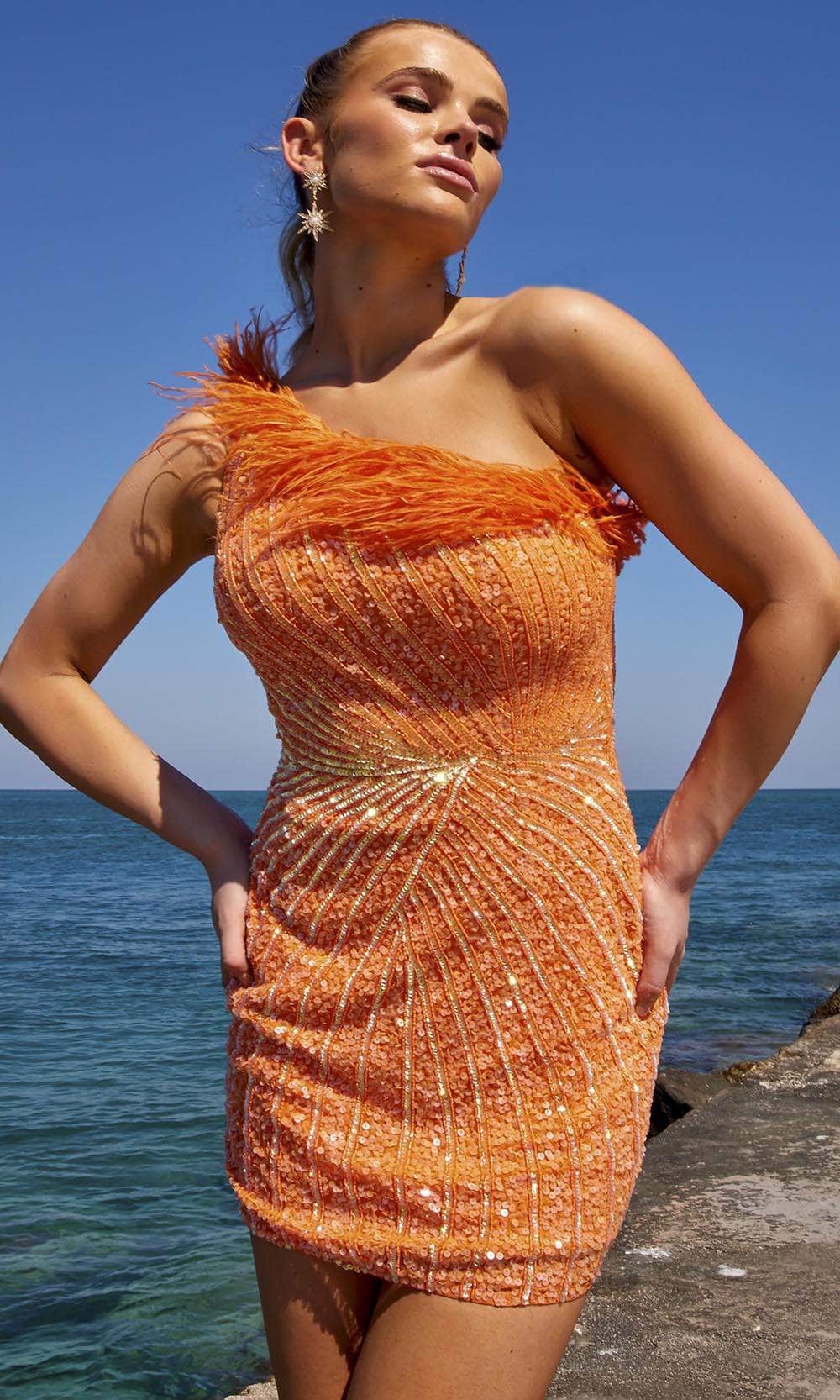 Primavera Couture 4002 - Feather Asymmetrical Cocktail Dress - detail view