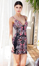 Primavera Couture 4212 - Floral Sequin Plunging Cocktail Dress
