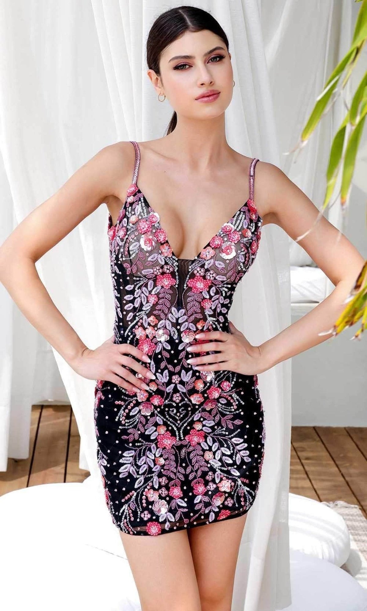 Primavera Couture 4212 - Floral Sequin Plunging Cocktail Dress - Silhouette Dresses