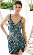 Primavera Couture 4223 - Deep V-Neck Sequin Cocktail Dress