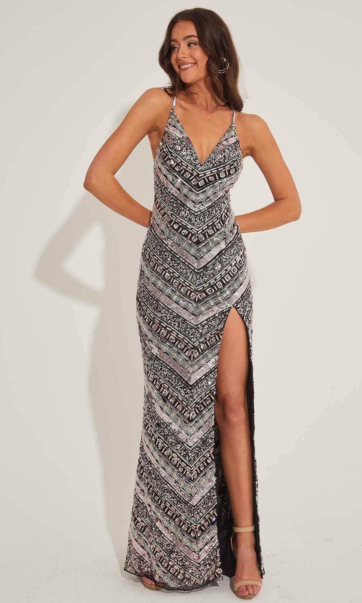 Primavera Couture 4349 - Crisscross Back Geometric Beaded Prom Dress