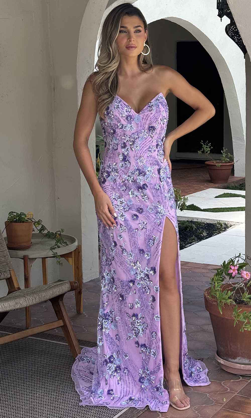 Primavera Couture 4374 - Floral Sequin Deep V-Neck Prom Dress - view 9