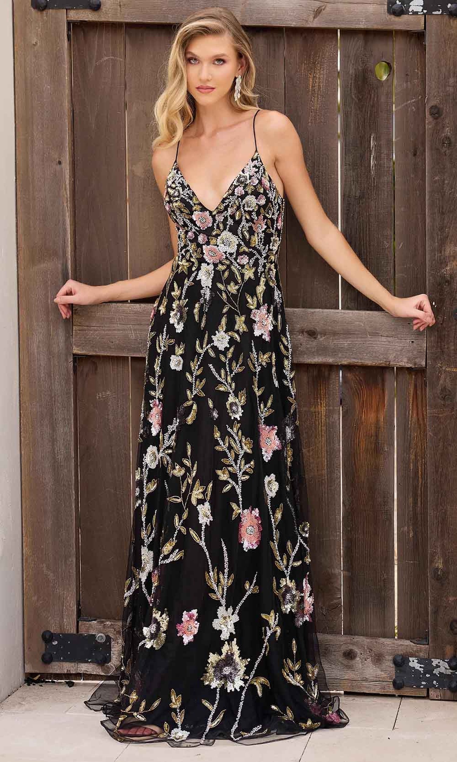 Primavera Couture 4378 - V-Neck Floral Sequin Prom Gown